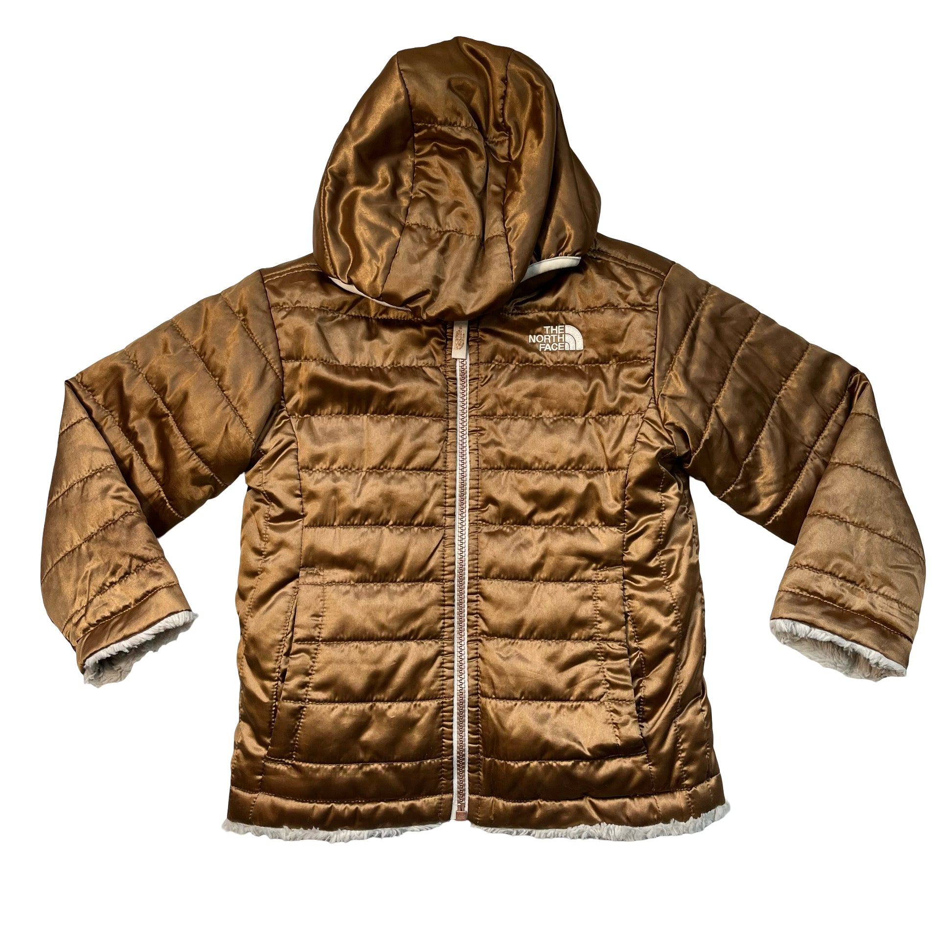 North Face Brown Metallic Puffer & Ivory Sherpa Reversible Hooded Jacket - 4T