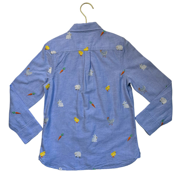 Mini Boden Blue Oxford Cloth Embroidered Farm Animal Button Down Shirt - 7-8Y