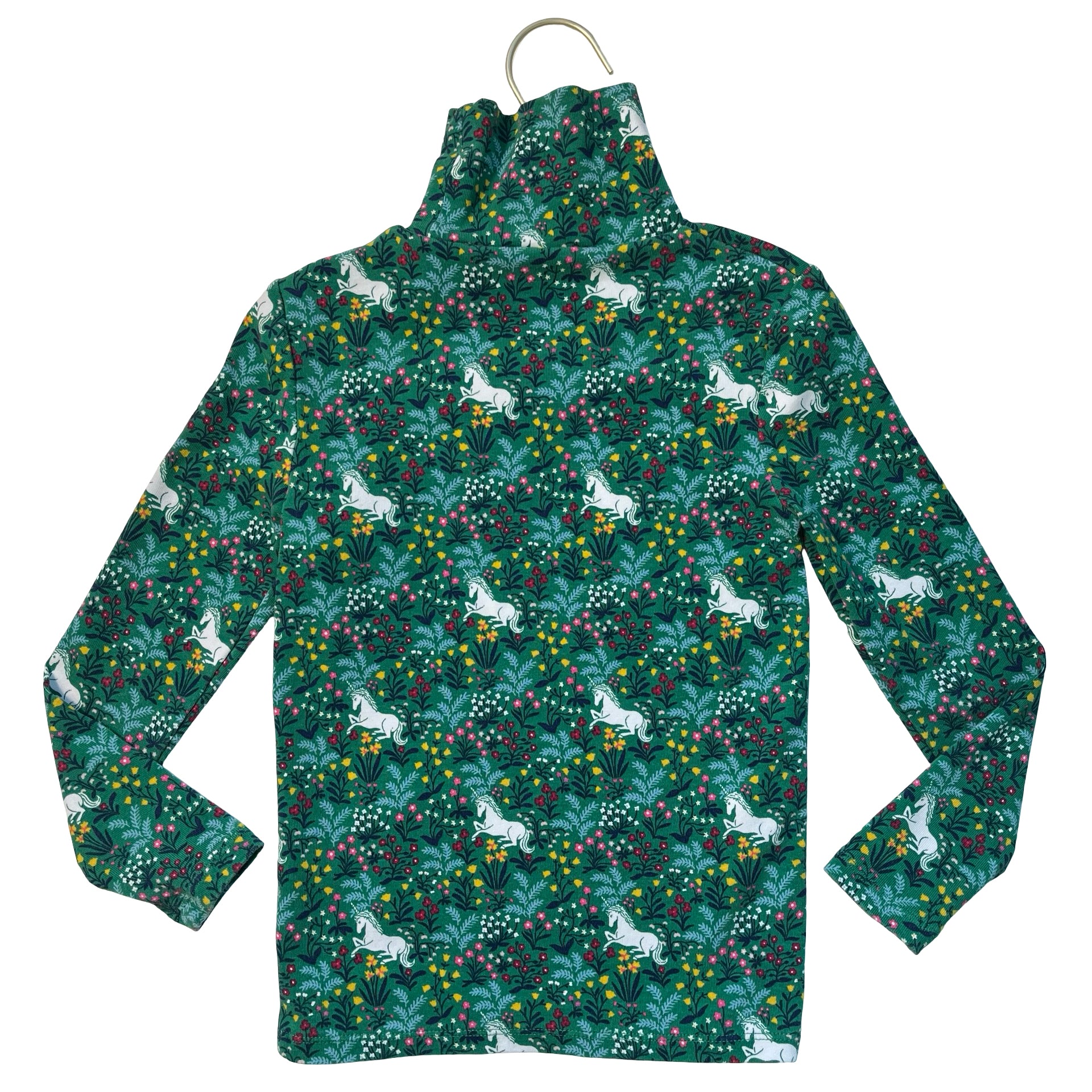 Mini Boden Green Floral & Unicorn Turtleneck - Size 6-7
