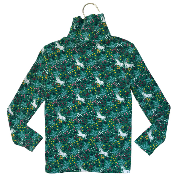 Mini Boden Green Floral & Unicorn Turtleneck - Size 6-7