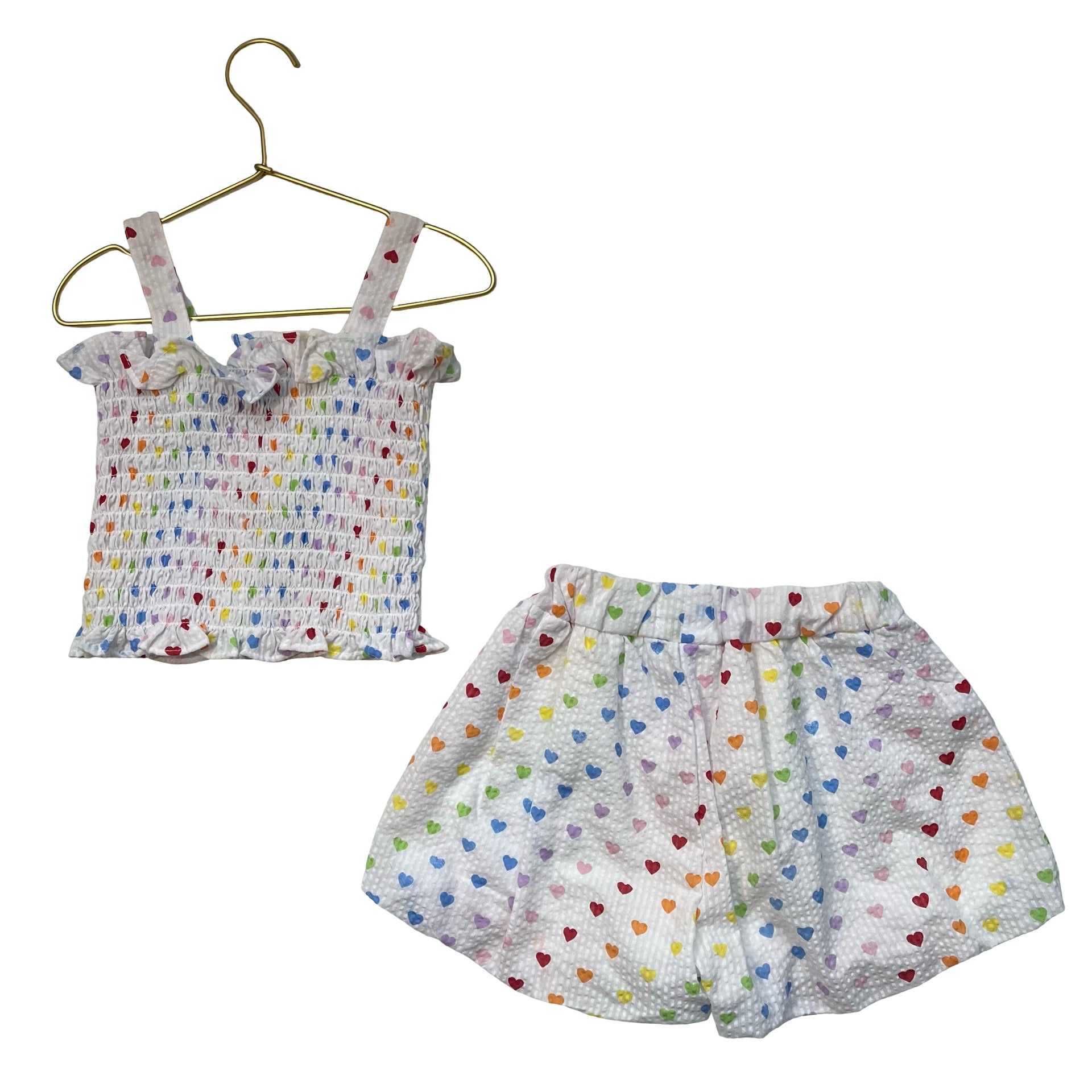 Lola & The Boys White & Rainbow Heart Print Shorts & Smocked Tank Set - Size 4