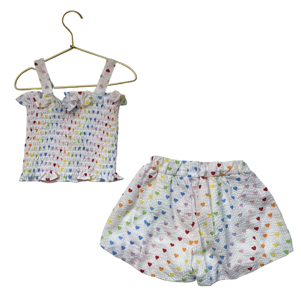 Lola & The Boys White & Rainbow Heart Print Shorts & Smocked Tank Set - Size 4