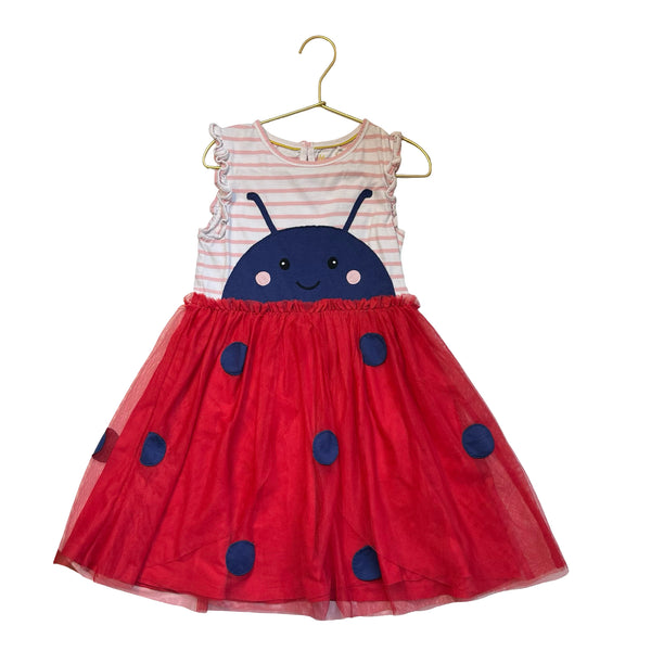 Mini Boden Pink Striped & Red Tulle Ladybug Applique Dress - Size 6-7Y