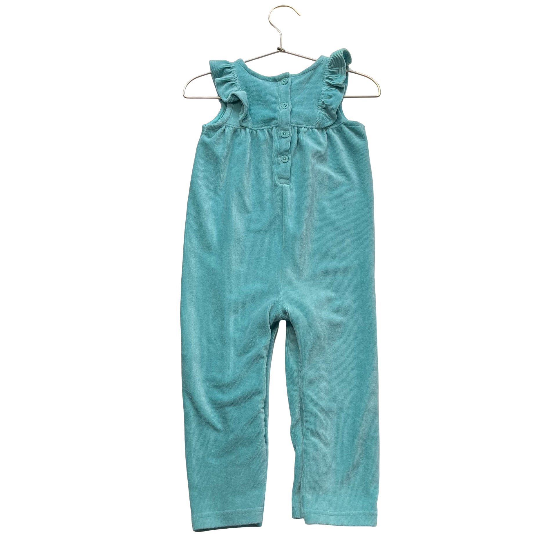 JoJo Maman Bebe Teal Ribbed Velour Embroidered Mouse Overalls - Size 18-24 Mo