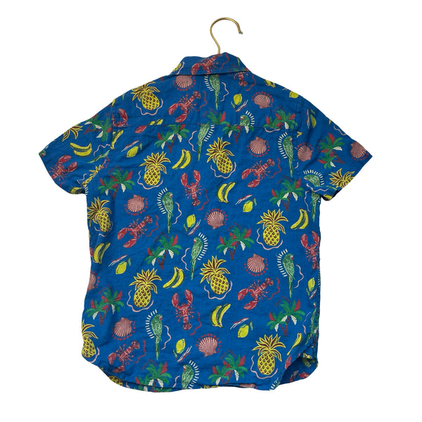Mini Boden Blue Tropical Print Linen-Cotton Button Down Shirt - Size 7-8Y