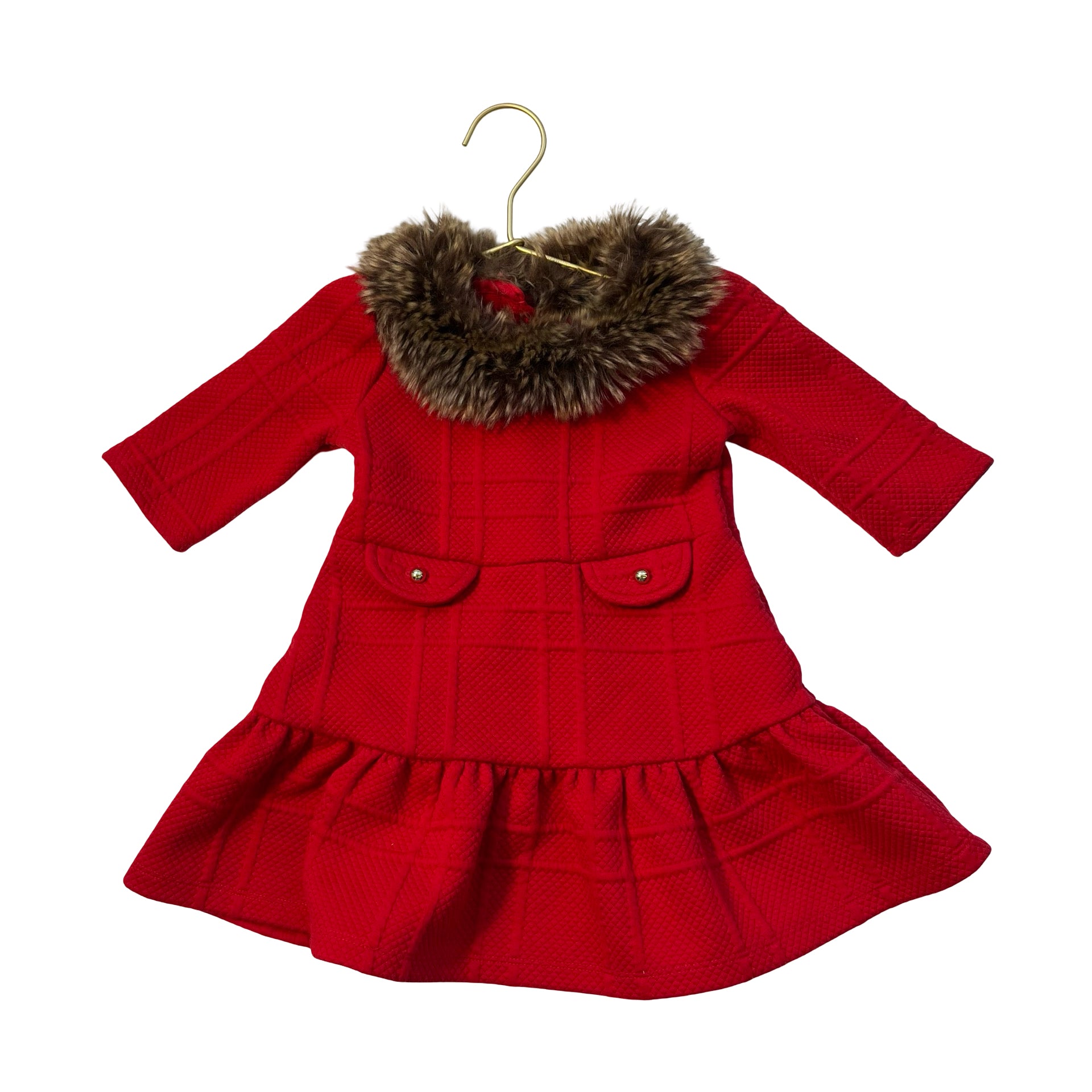 Janie and Jack Red Quilted Dress, Faux Fur Collar - Size 18-24 Mo