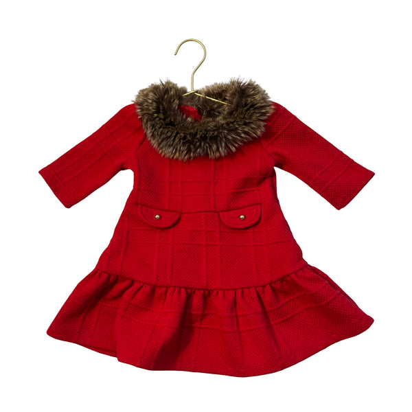 Janie and Jack Red Quilted Dress, Faux Fur Collar - Size 18-24 Mo