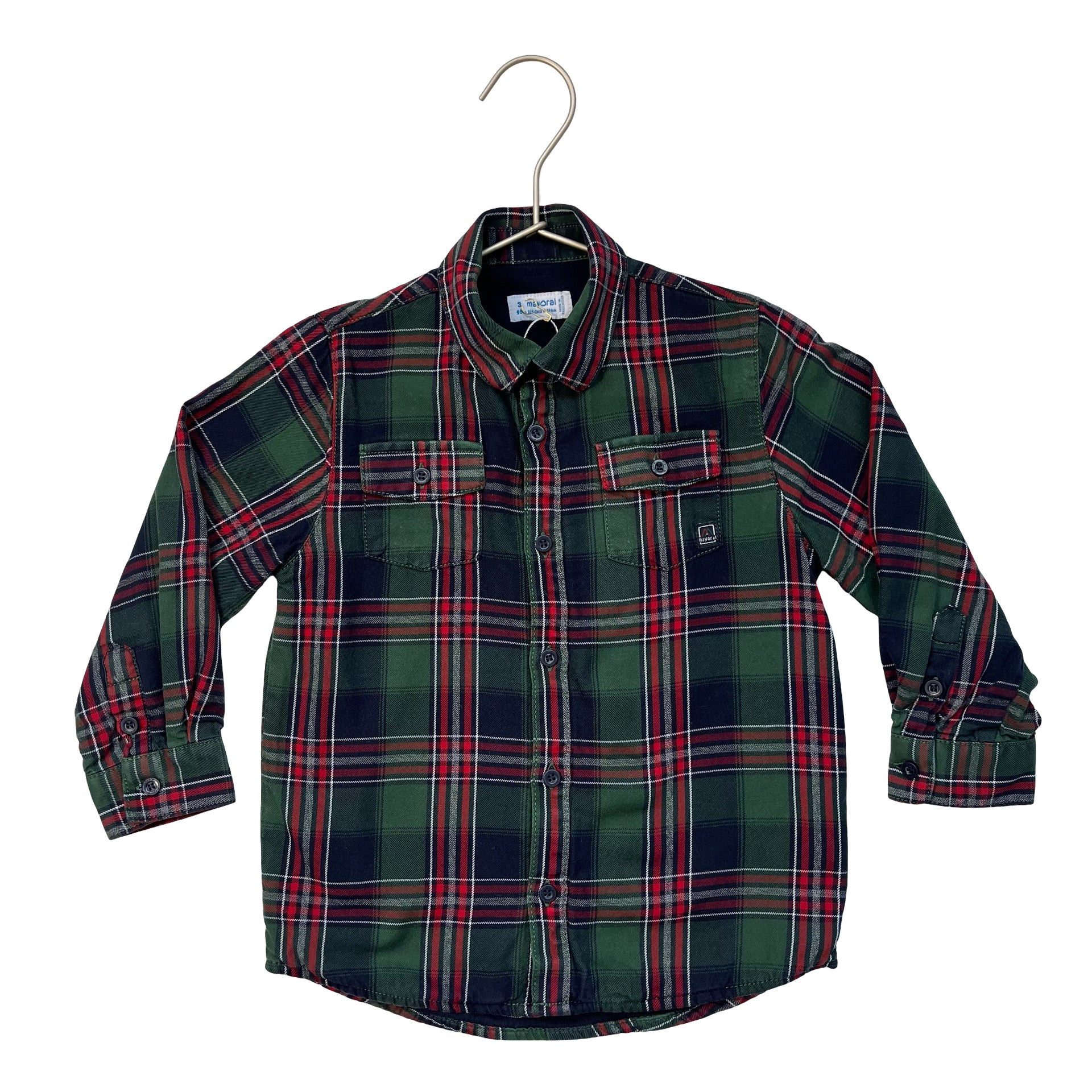 Mayoral Jersey-Lined Green, Red, Navy Plaid Button Down Shirt - Size 3