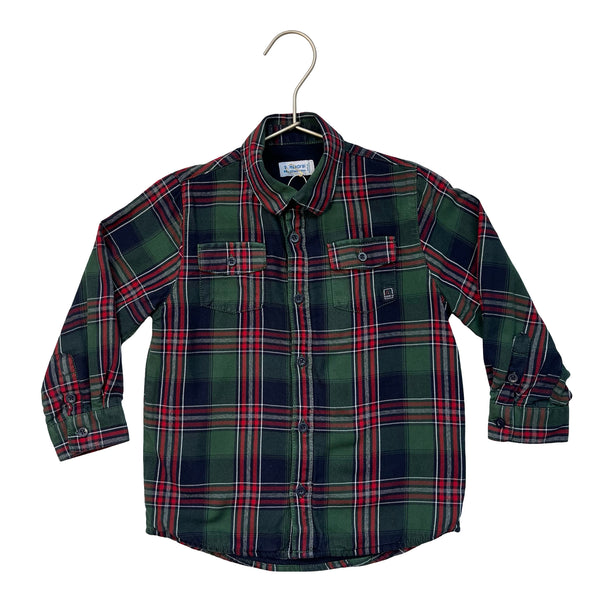 Mayoral Jersey-Lined Green, Red, Navy Plaid Button Down Shirt - Size 3