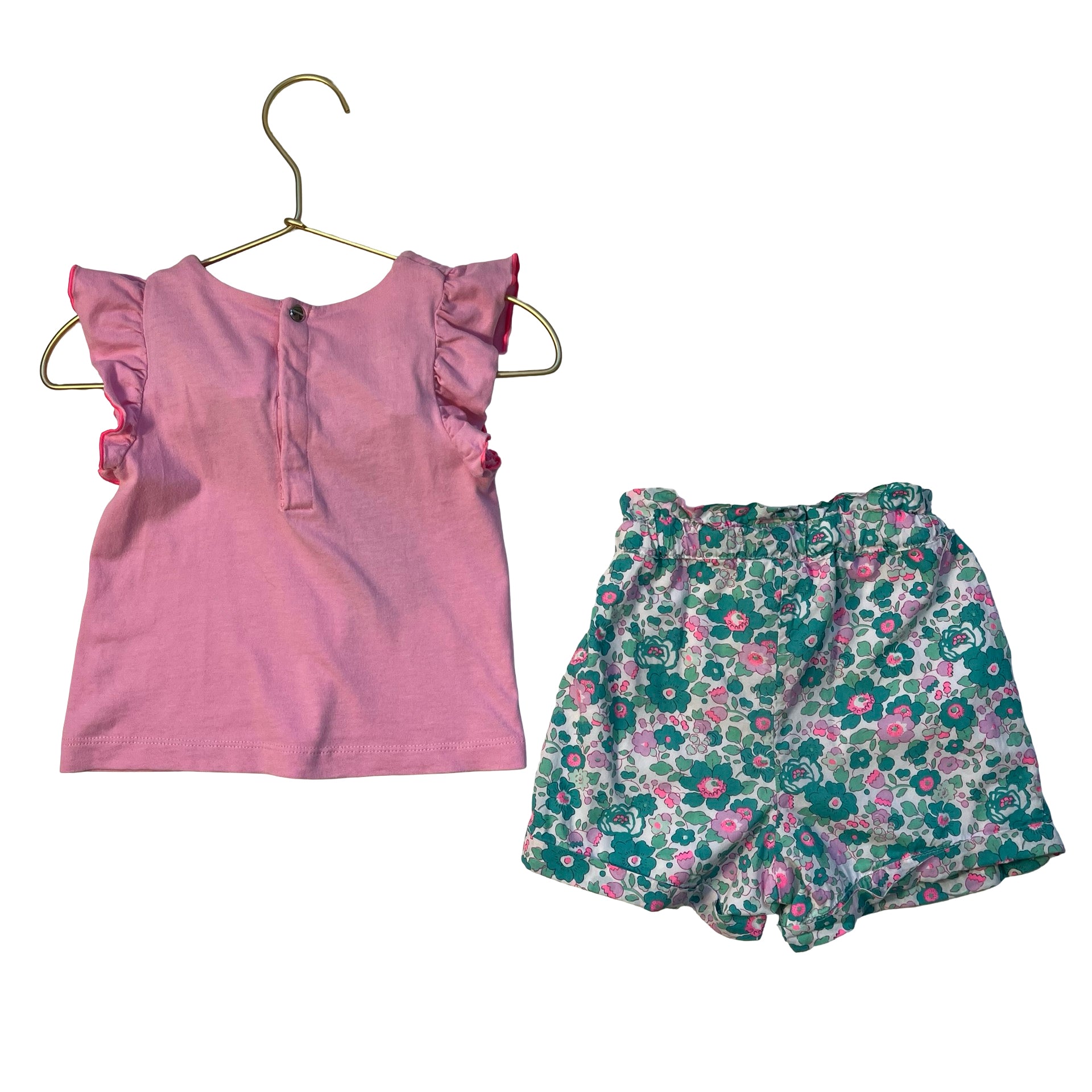 Jacadi Pink T-Shirt & Teal Floral Shorts Set - Size 24 Mo