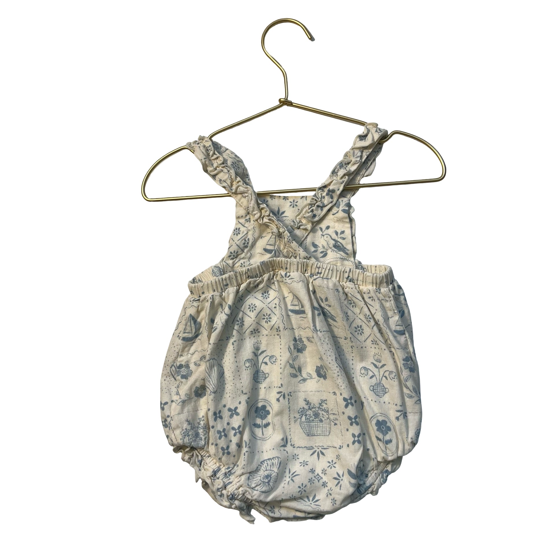 Rylee & Cru Ivory & Blue Summer Print Bubble Romper - Size 6-12 Mo