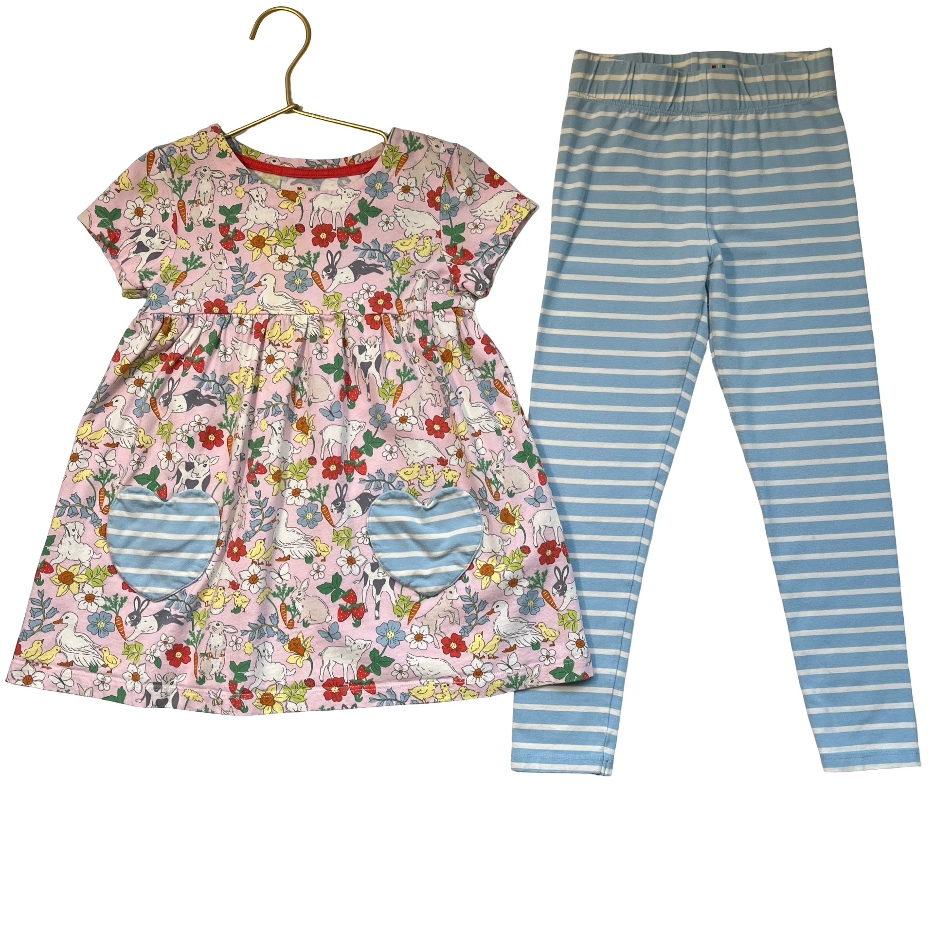 Mini Boden Pink Farm Animal Tunic Top & Blue Striped Leggings Set - Size 6-7Y