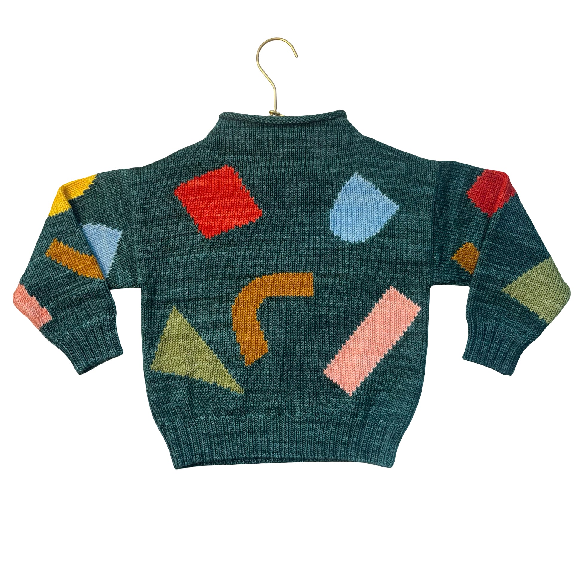 Misha & Puff Green & Multi-Color Shape Roll-Neck 100% Merino Wool Sweater - 6-7Y