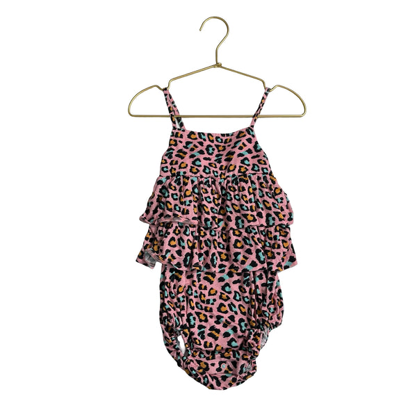 Posh Peanut Pink, Black, Orange, Teal Leopard Print Bubble Romper - Size 2T