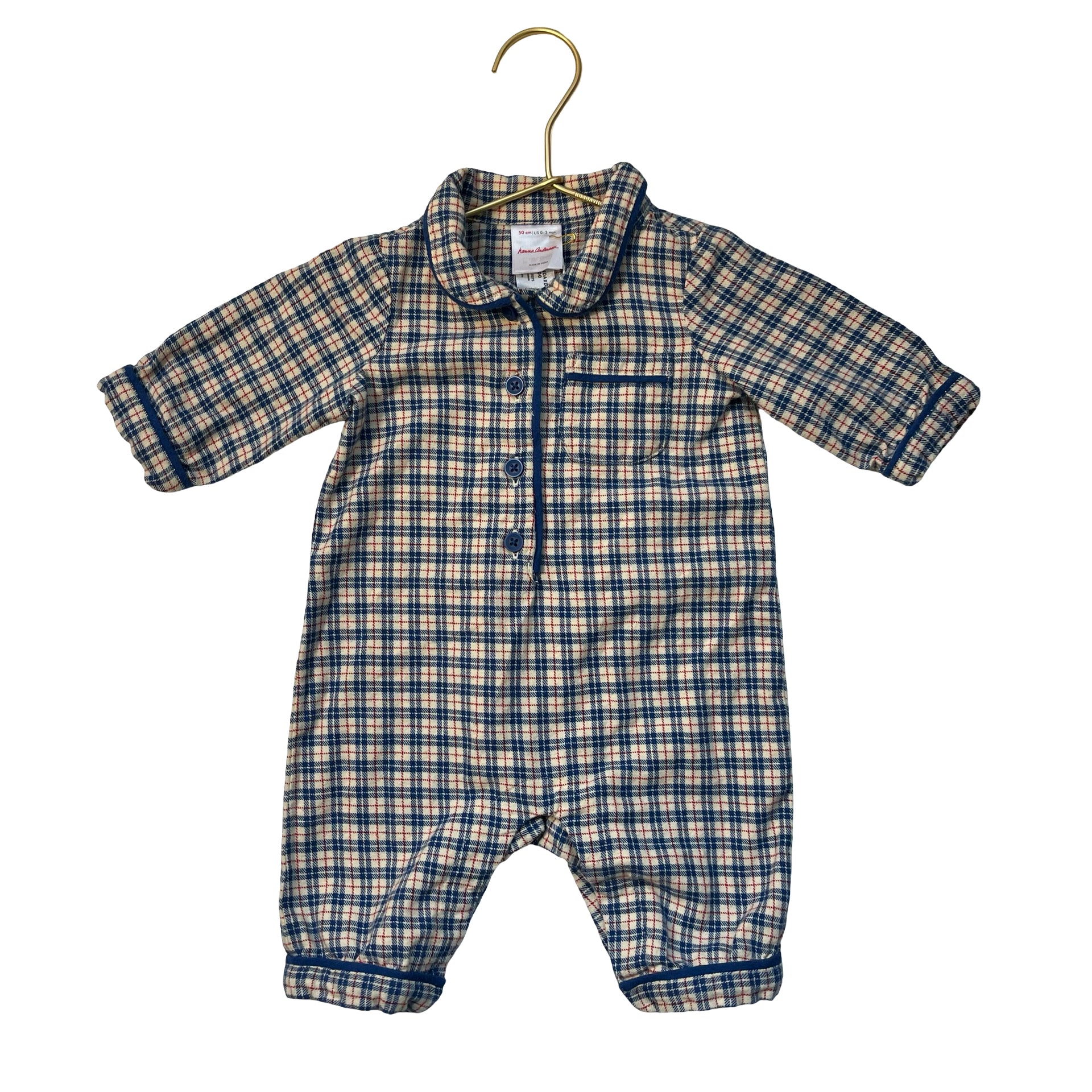 Hanna Andersson Ivory, Blue, Red Plaid Flannel One-Piece Jumpsuit - 0-3 Mo