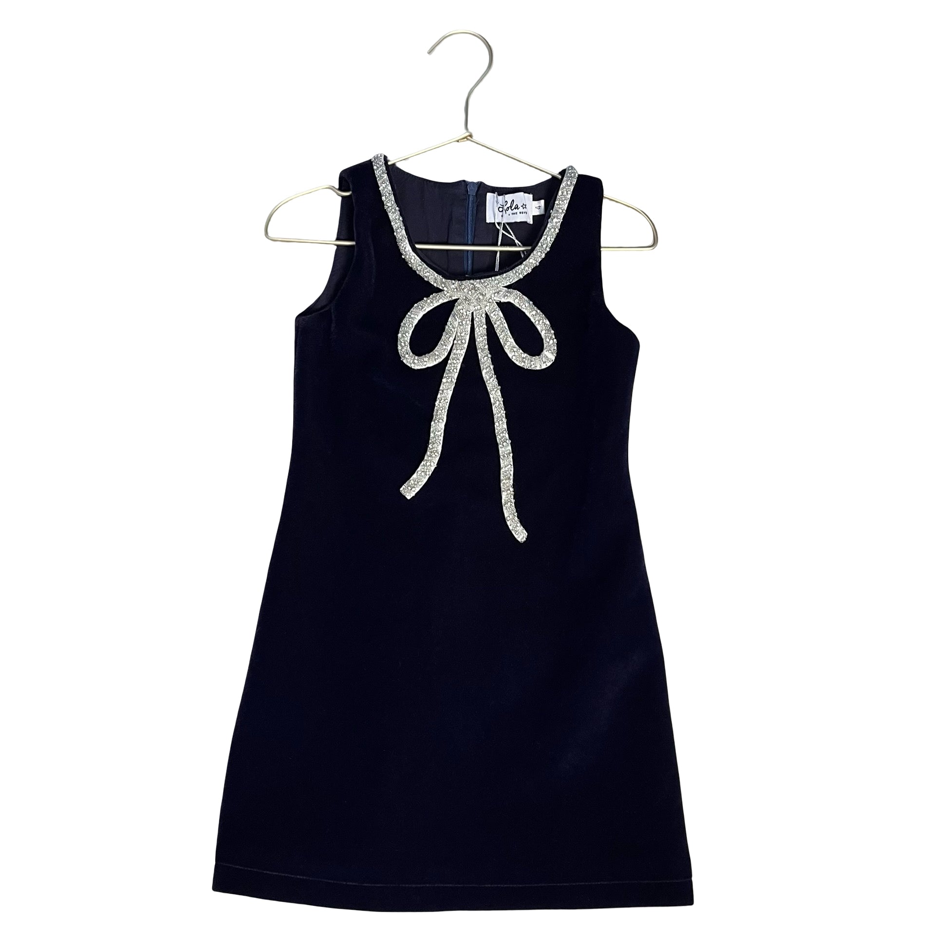 Lola & The Boys Navy Velvet & Silver Beaded Bow Dress - Size 4