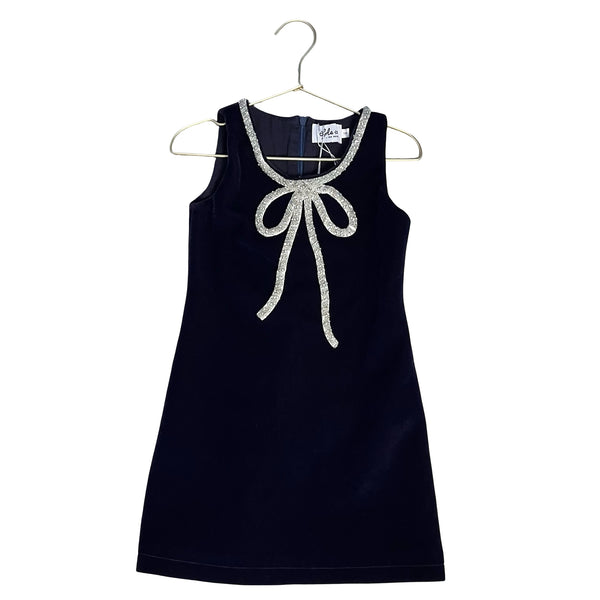 Lola & The Boys Navy Velvet & Silver Beaded Bow Dress - Size 4