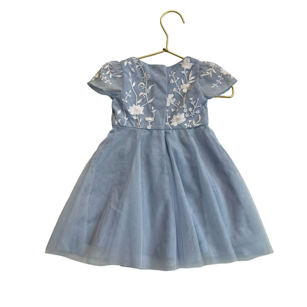 Monsoon Blue & Ivory Embroidered Floral Tulle Dress - Size 3-6 Months