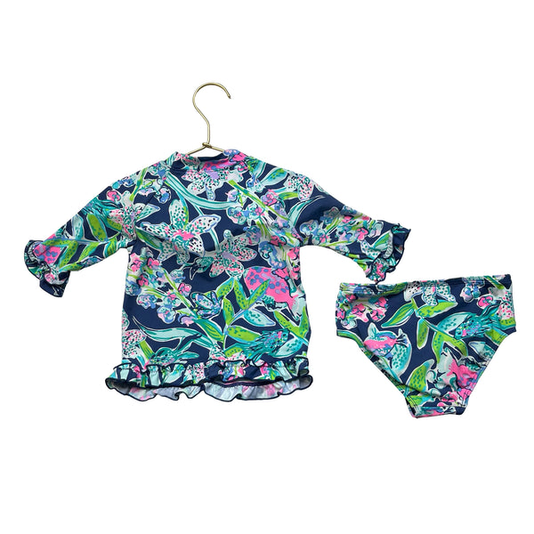 Lilly Pulitzer Navy & Multi-Color Print Rash Guard 2 Piece Swim Suit - Size 3