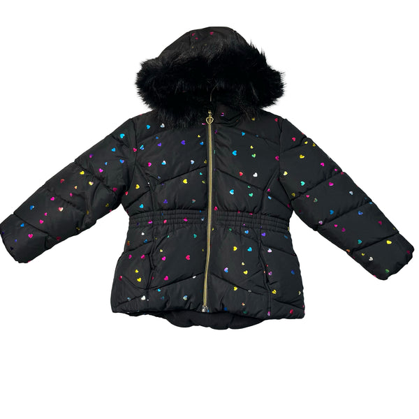Rothschild R 1881 Black & Colorful Foil Heart Hooded Winter Jacket - Size 3T