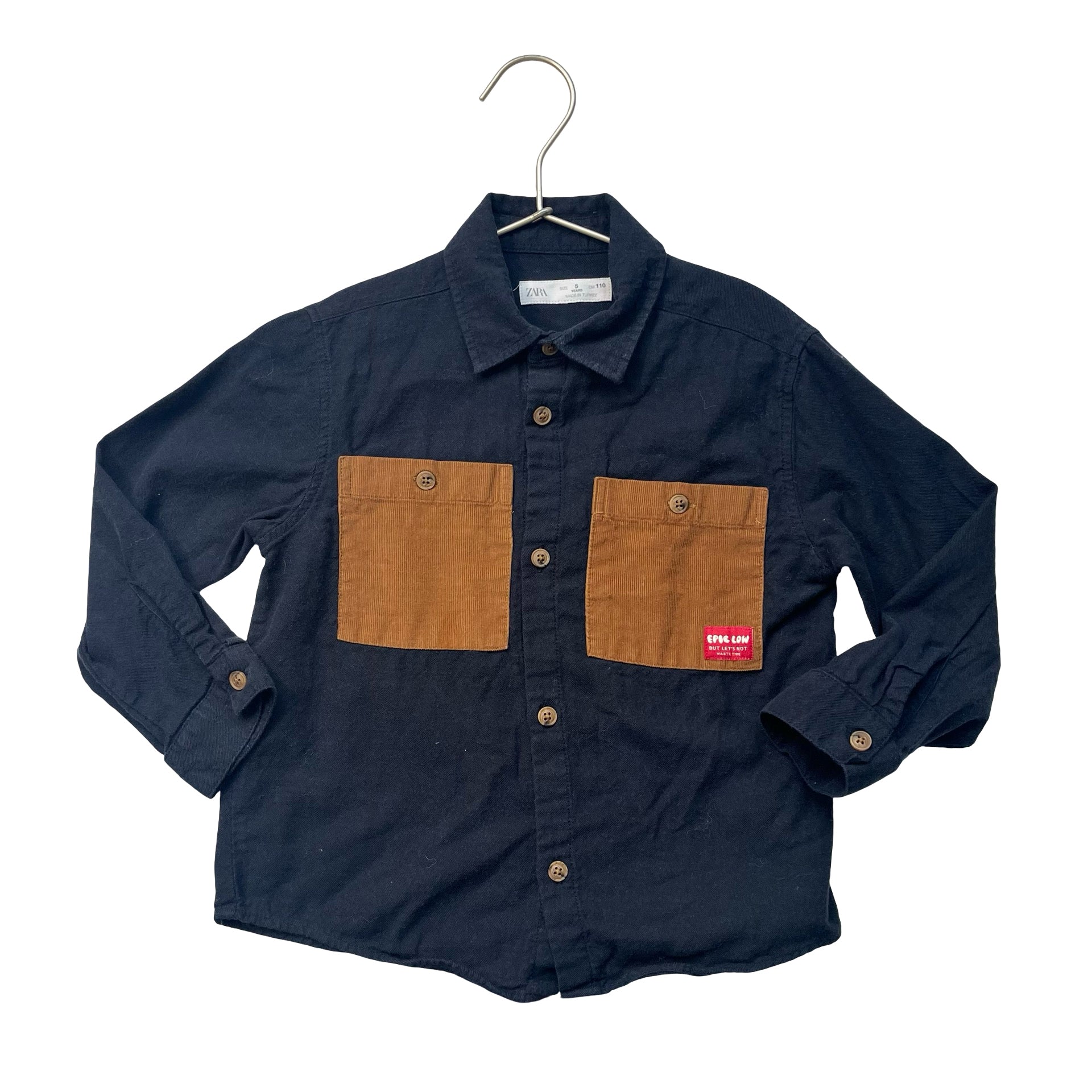 Zara Navy Button Down Shirt, Brown Corduroy Pockets - Size 5