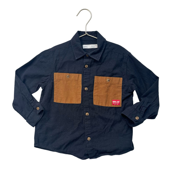 Zara Navy Button Down Shirt, Brown Corduroy Pockets - Size 5