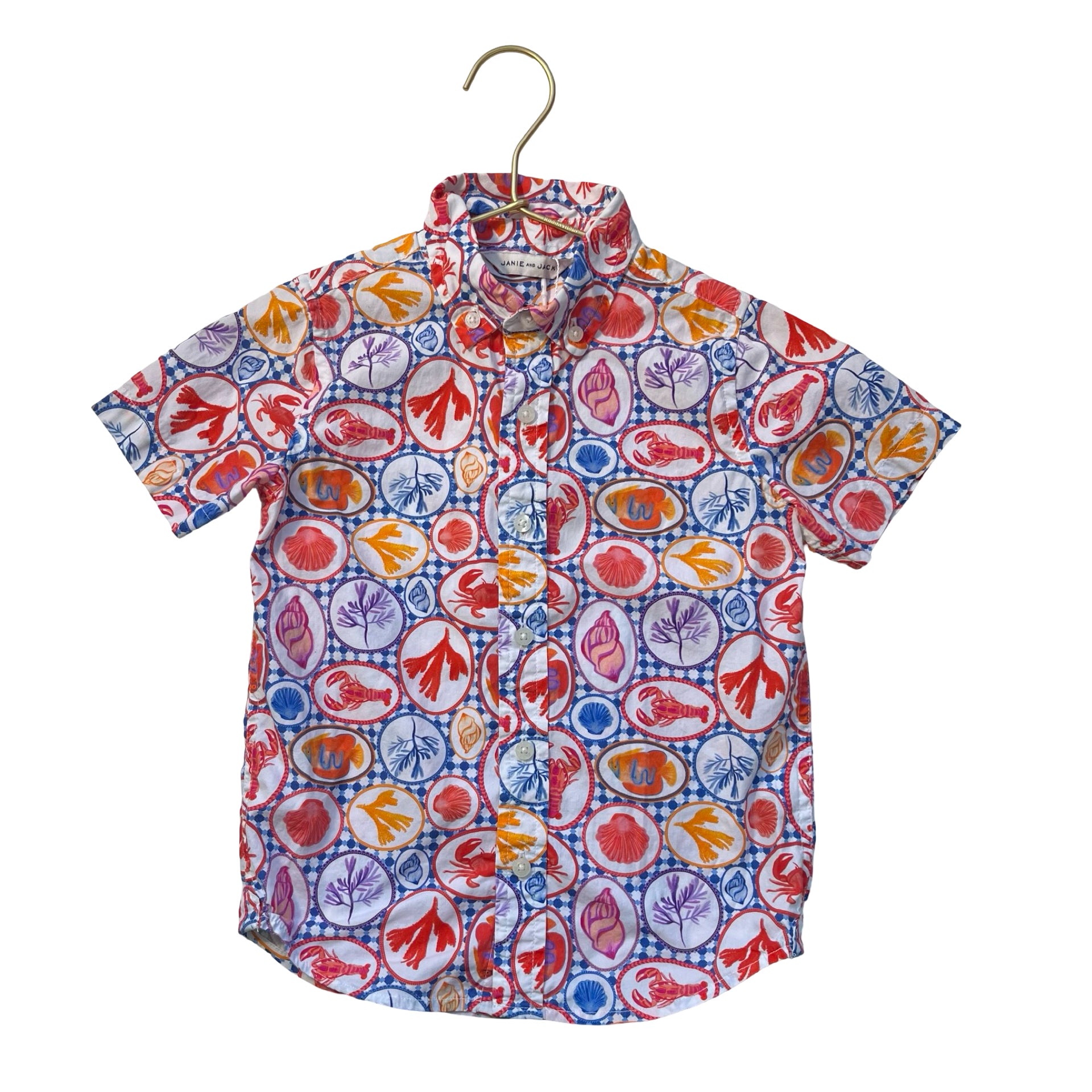 Janie and Jack Multi-Color Seaside Print Button Down Shirt - Size 4
