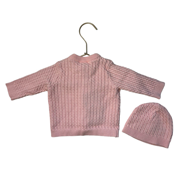 Little Me Pink Cotton Cable-Knit Cardigan Sweater & Hat Set - Size 3 Mo