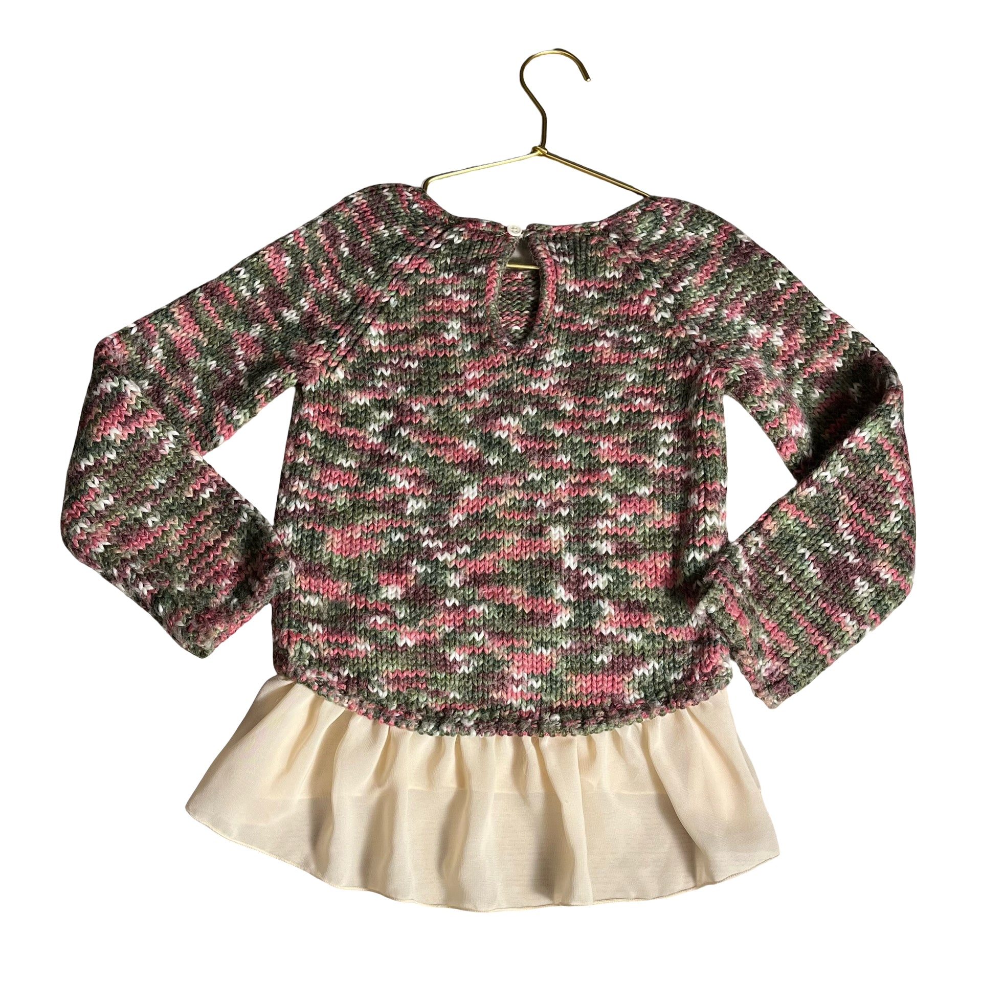Hanna Andersson Olive Green & Pink Space Dye Sweater, Chiffon Hem - Size 110 (5)