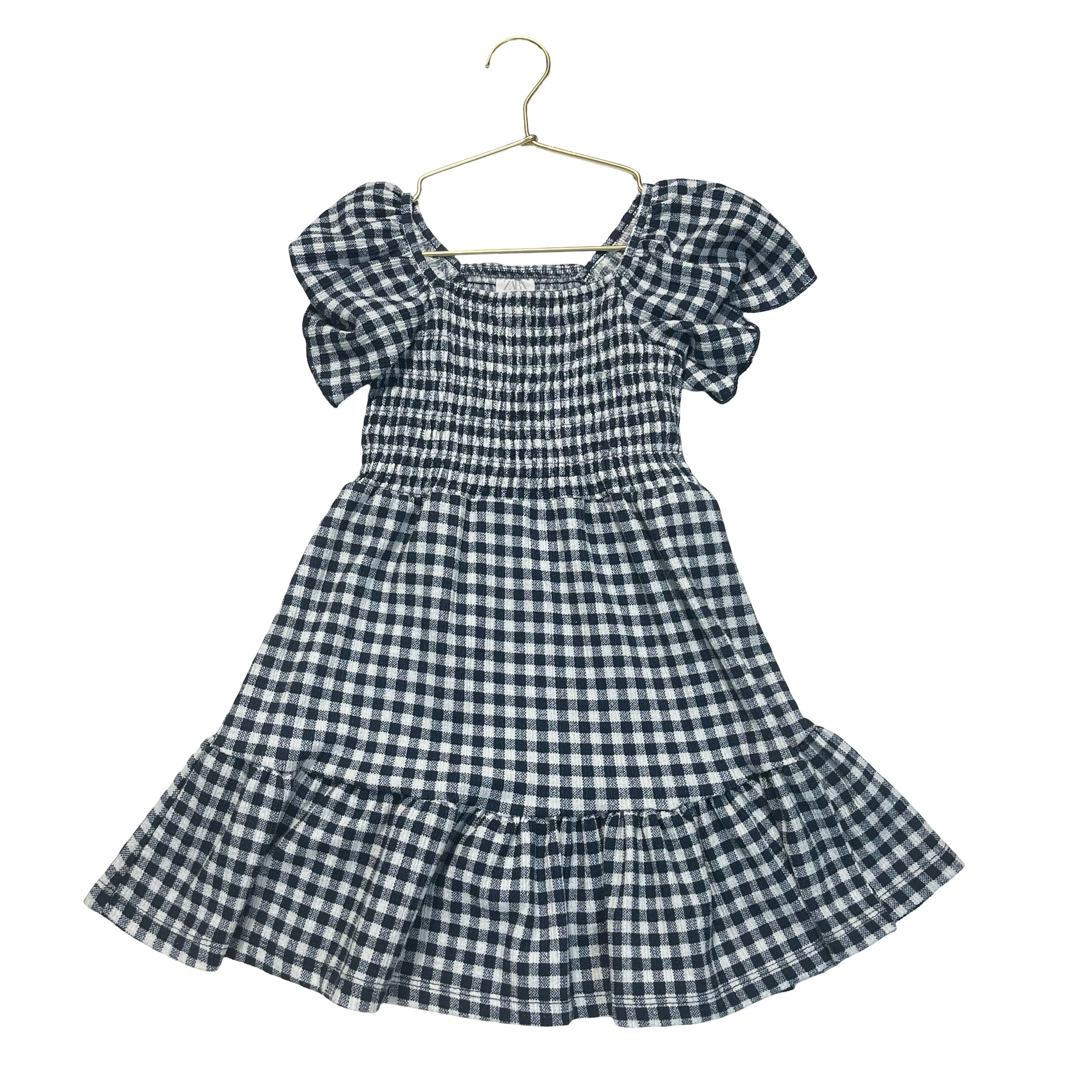 Zara Navy & White Check Smocked Dress - Size 6