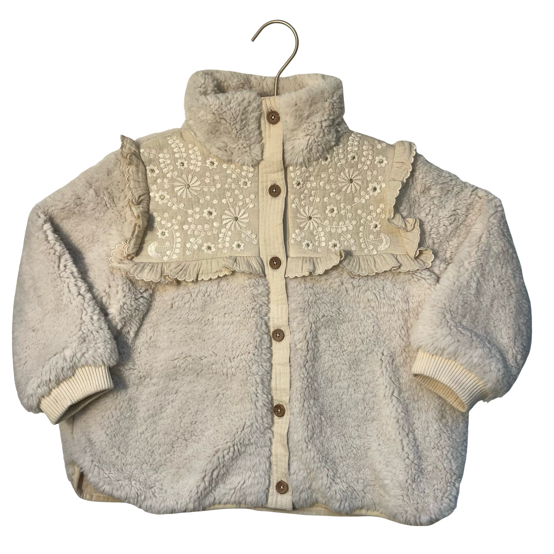 Louise Misha Ivory Faux Fur & Embroidered Jacket - Size 4Y