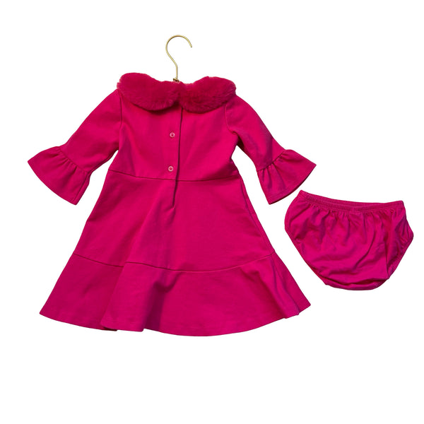 Janie and Jack Hot Pink Dress & Bloomers, Faux Fur Collar - Size 18-24 Mo