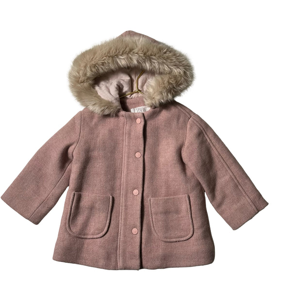 Zara Pink Wool-Blend Jacket, Faux Fur Trim Hood - Size 2-3