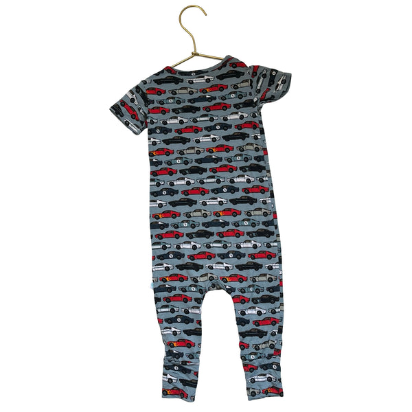 Posh Peanut Blue Race Car Print Romper - Size 18-24 Mo