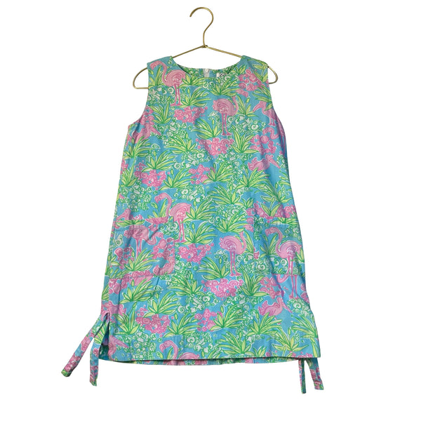 Lilly Pulitzer Blue, Green, Pink Flamingo Tropical Print Dress - Size 7