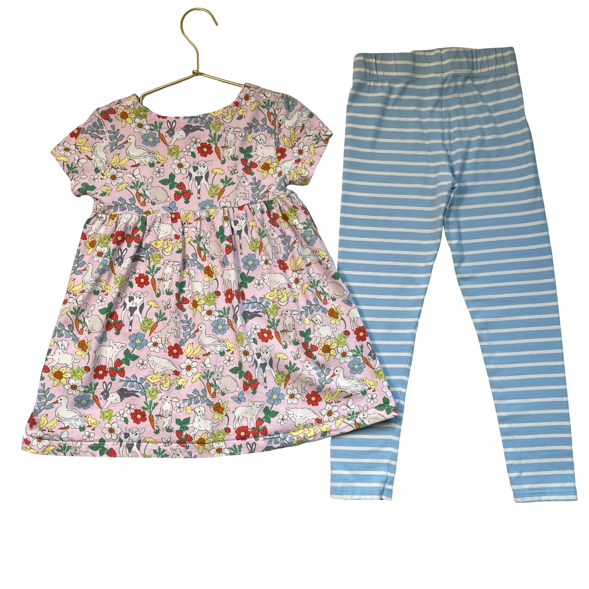 Mini Boden Pink Farm Animal Tunic Top & Blue Striped Leggings Set - Size 6-7Y