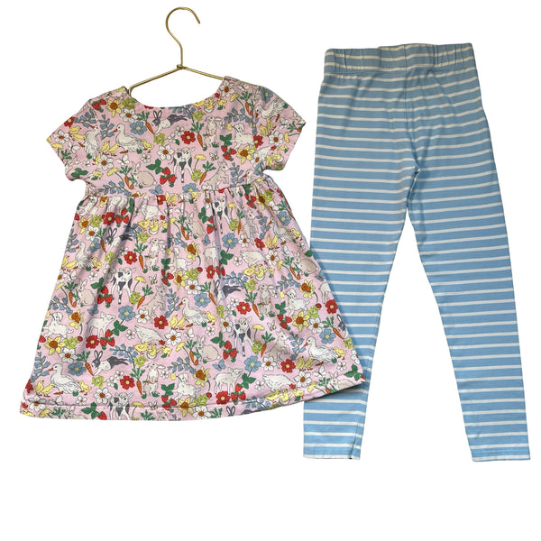 Mini Boden Pink Farm Animal Tunic Top & Blue Striped Leggings Set - Size 6-7Y
