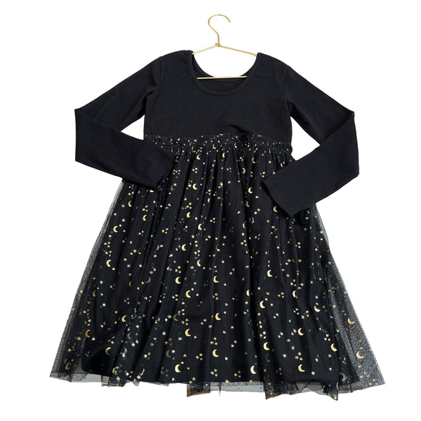 Hanna Andersson Black & Gold Foil Moon & Star Tulle Skirt Dress - Size 8