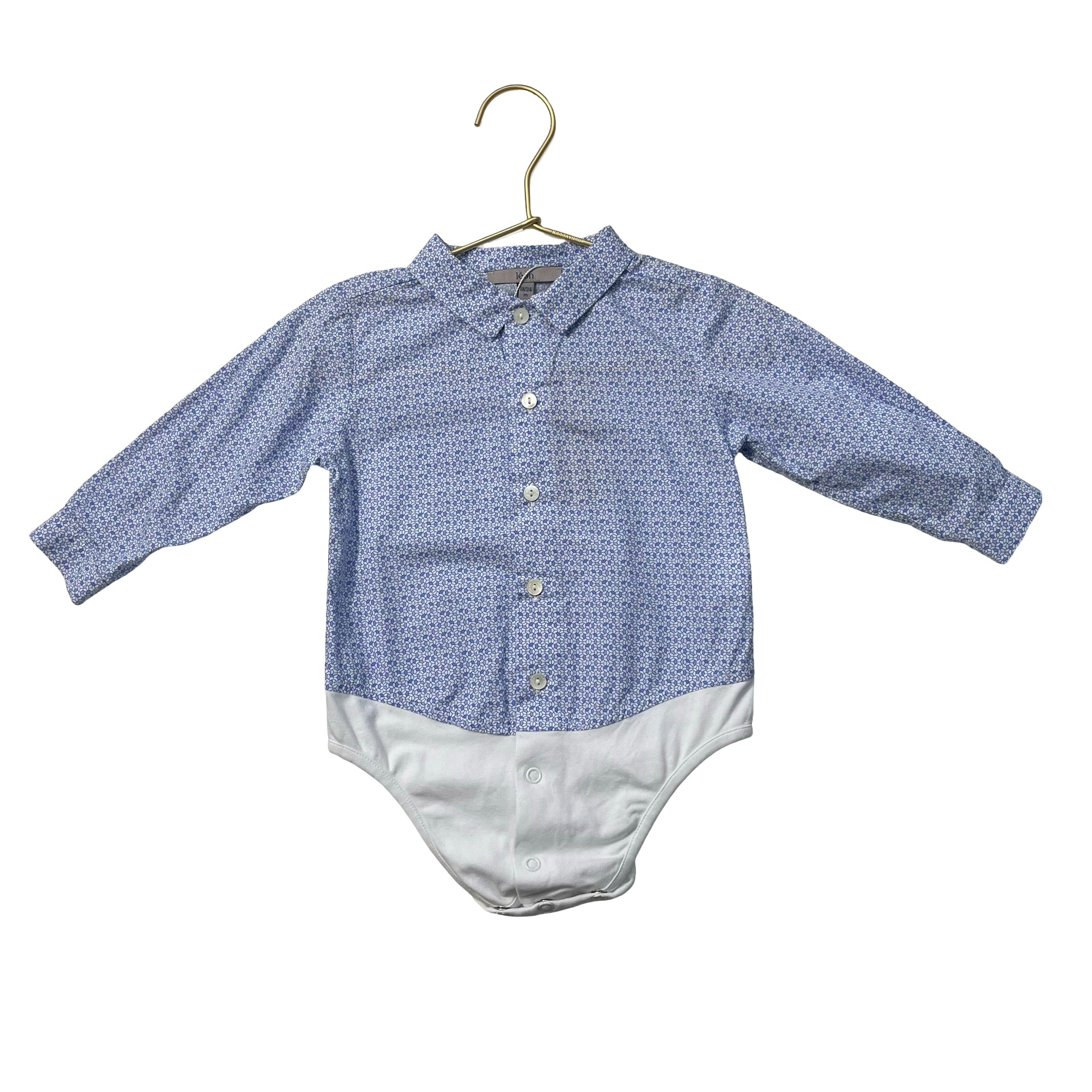 Leon Blue & White Geo Pattern Button Down Bodysuit Shirt - Size 18-24 Mo