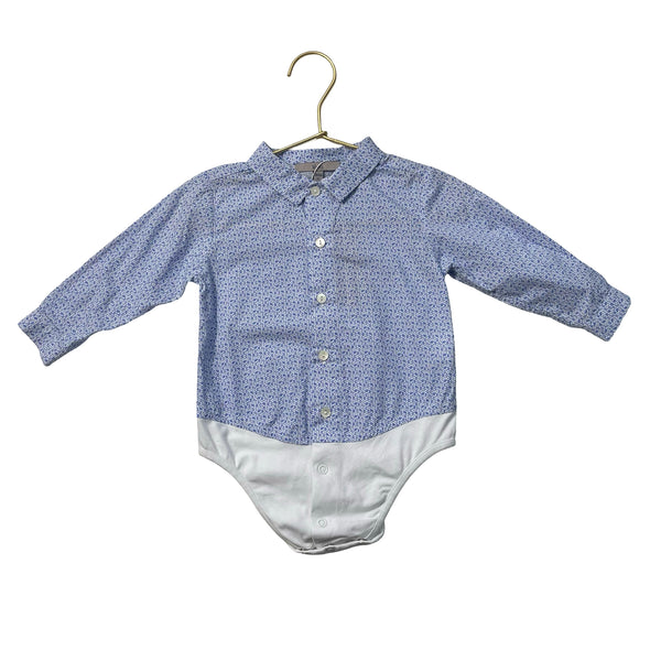 Leon Blue & White Geo Pattern Button Down Bodysuit Shirt - Size 18-24 Mo