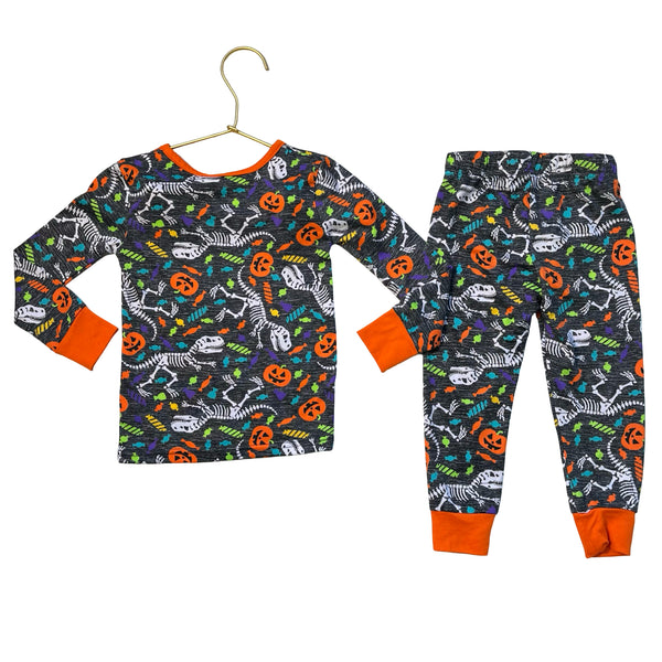 Tahari Gray Dino Skeleton & Halloween Candy 2 Piece PJ Set - Size 2T