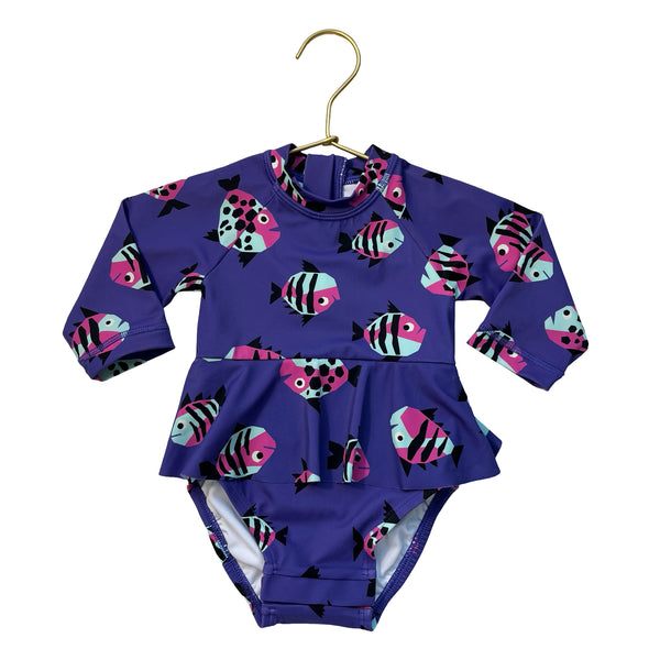 Hanna Andersson Purple Fish Print Swim Suit - Size 3-6 Mo