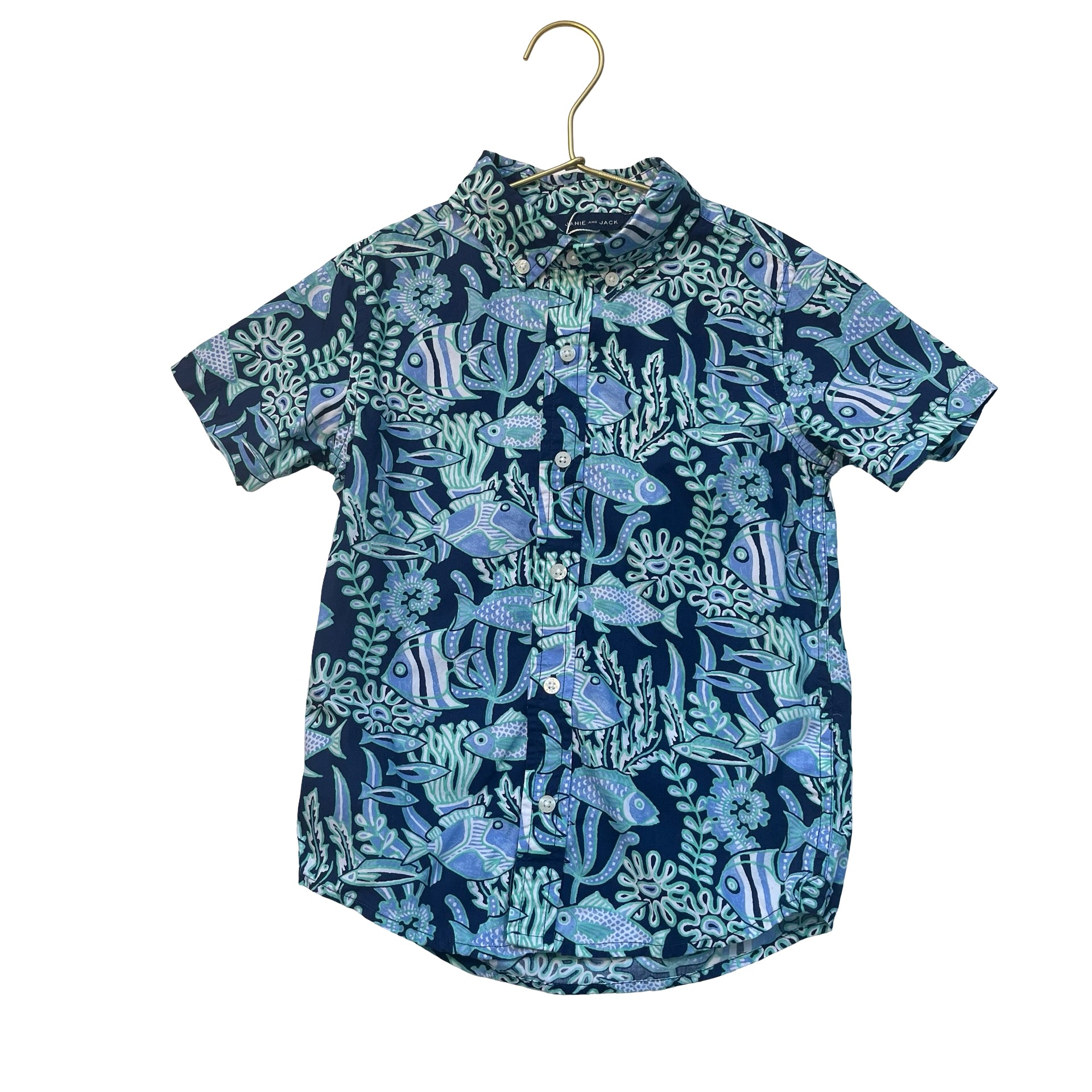 Janie and Jack Navy, Blue, Green Fish Print Button Down Shirt - Size 6