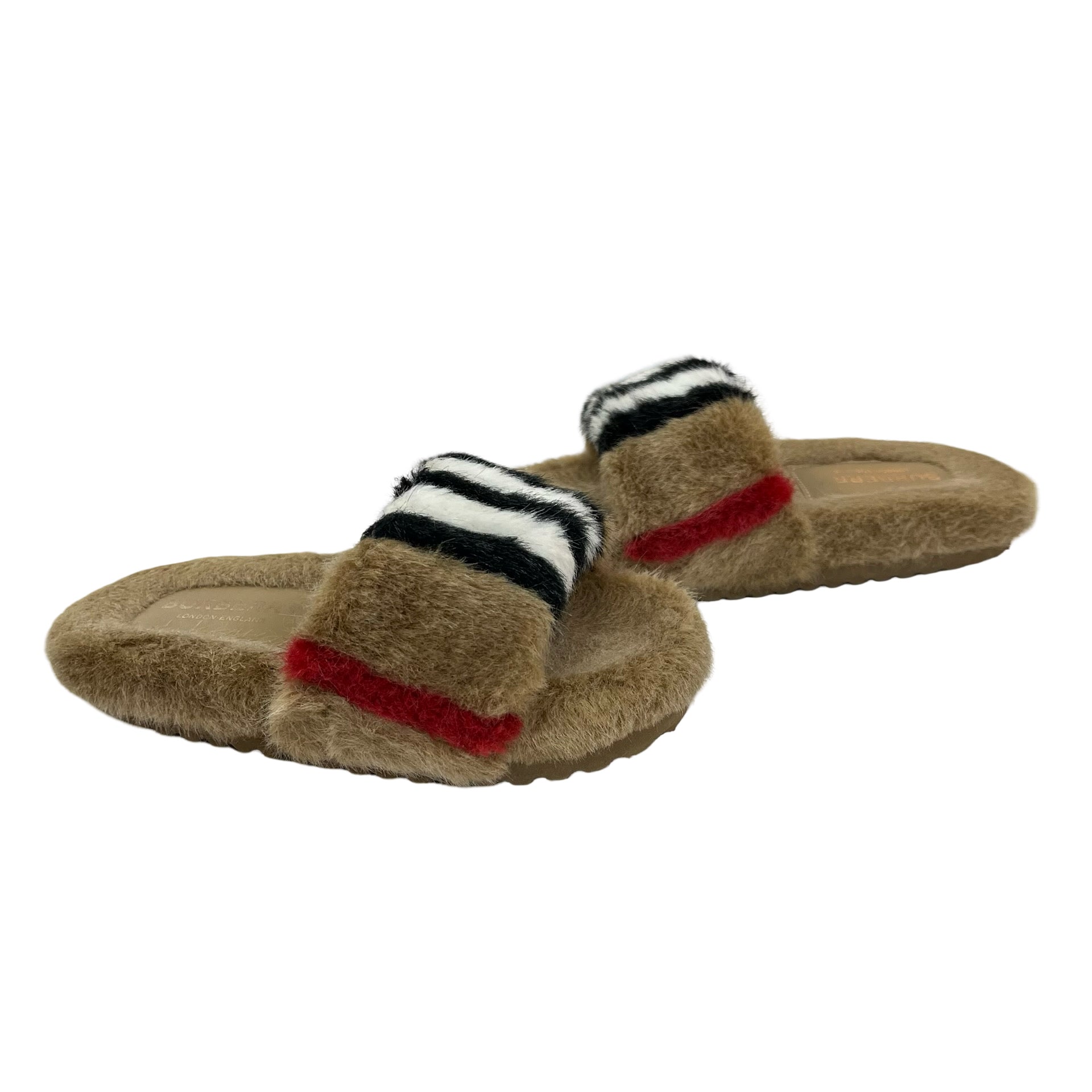 Burberry Hockley Icon Stripe Faux Fur Slides - Size 11 (UK 10 / EUR 28)