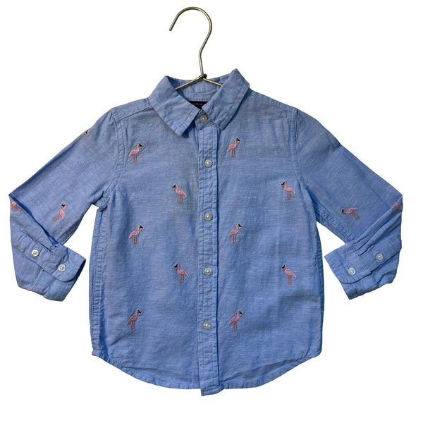 Janie and Jack Blue & Pink Embroidered Flamingo Linen-Cotton Button Down - 2T