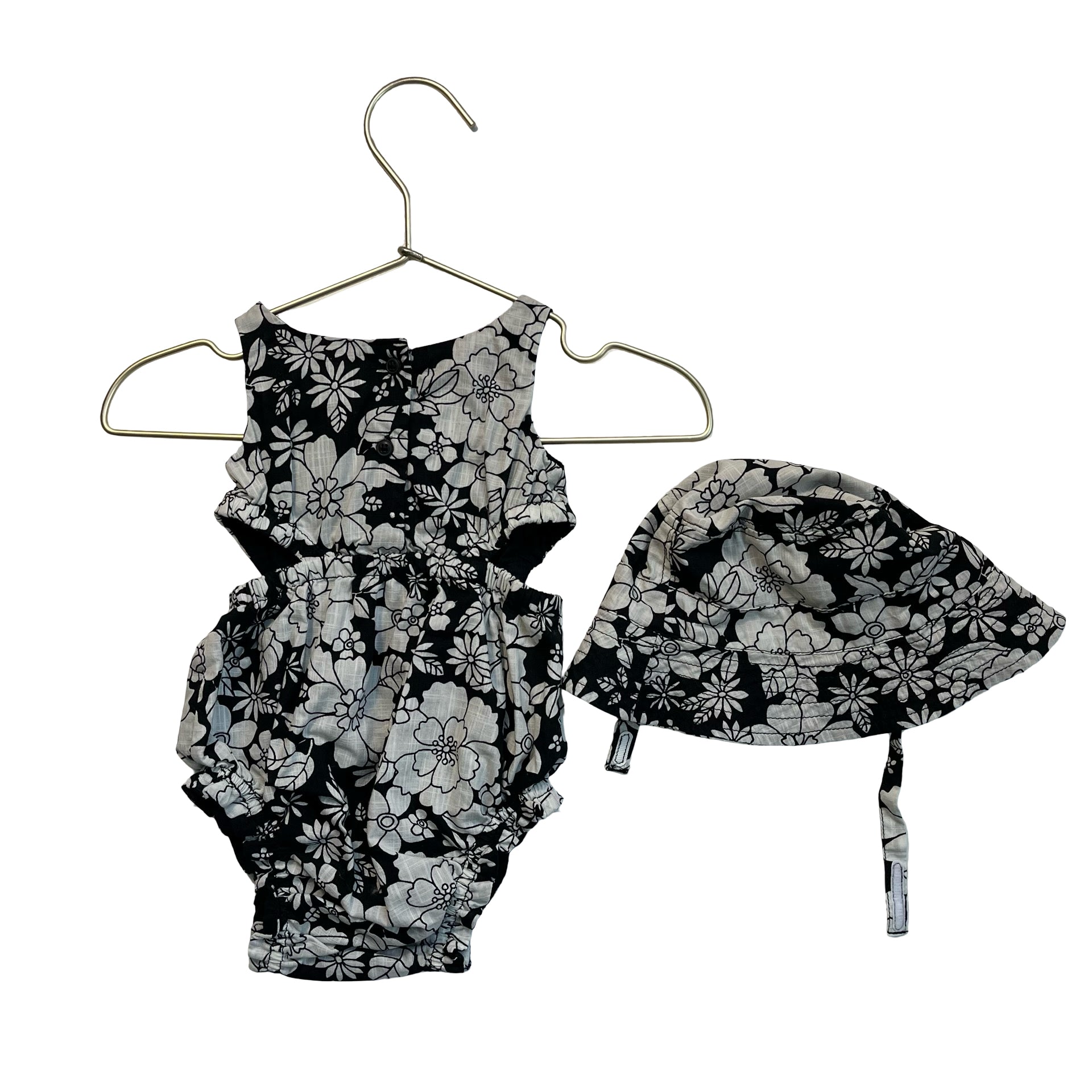 Baby Gap Black & White Floral Bubble Romper & Hat Set - Size 0-3 Mo