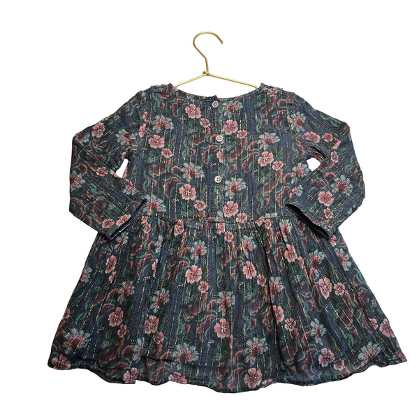 Louise Misha Navy, Pink, Purple Floral Metallic Stripe Dress - Size 3Y