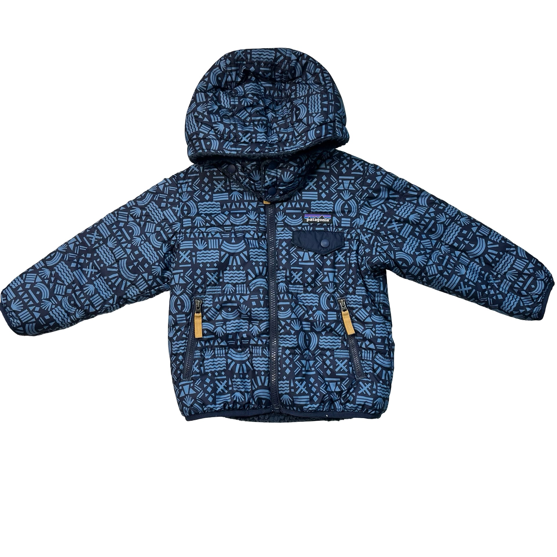 Patagonia Reversible Navy Sherpa & Blue Pattern Hooded Jacket - Size 3T