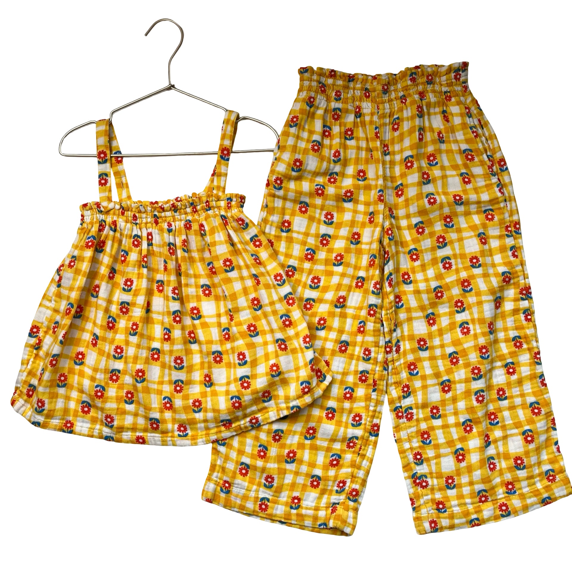 Hanna Andersson Yellow Check & Flower Print Pants & Top Set - Size 6-7