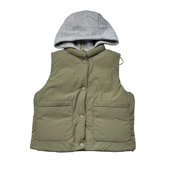 Zara Olive Green Puffer Vest with Sweatshirt Hood - Size 3-4